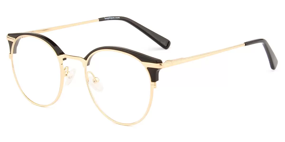 YC-2107 Round Browline Black Eyeglasses Frames | Leoptique