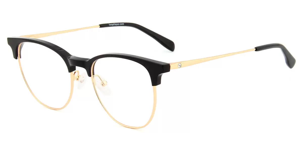 YC-2155 Round Browline Black Eyeglasses Frames | Leoptique